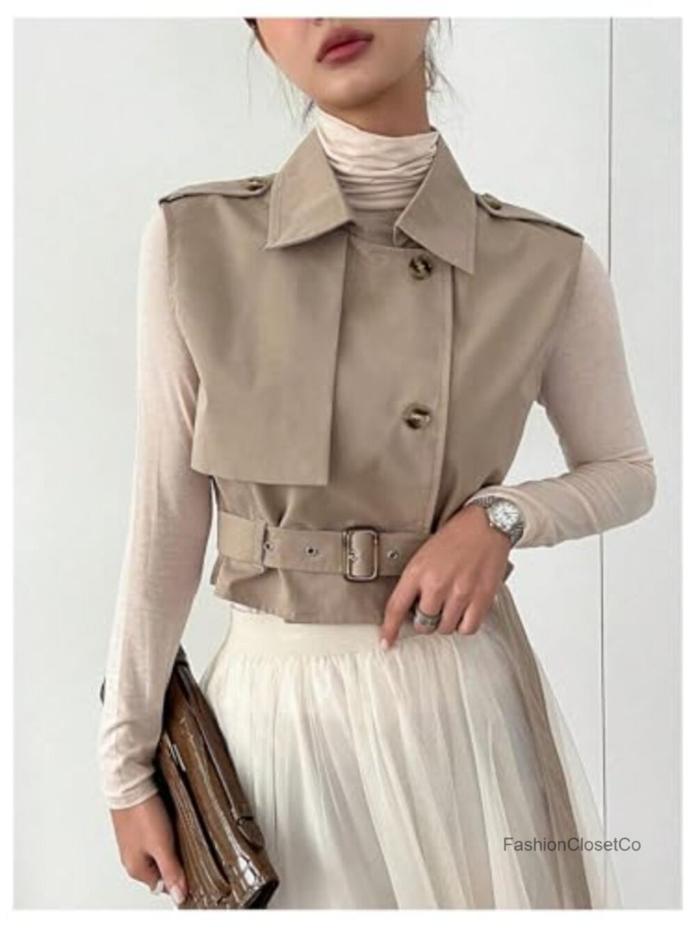 Sleeveless Cropped Trench Coat Belted Lapel Vest - Picture 2 of 6